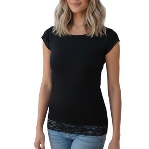 DownEast Basics Large Black Cap Sleeve Lace Bottom Y2K Balletcore